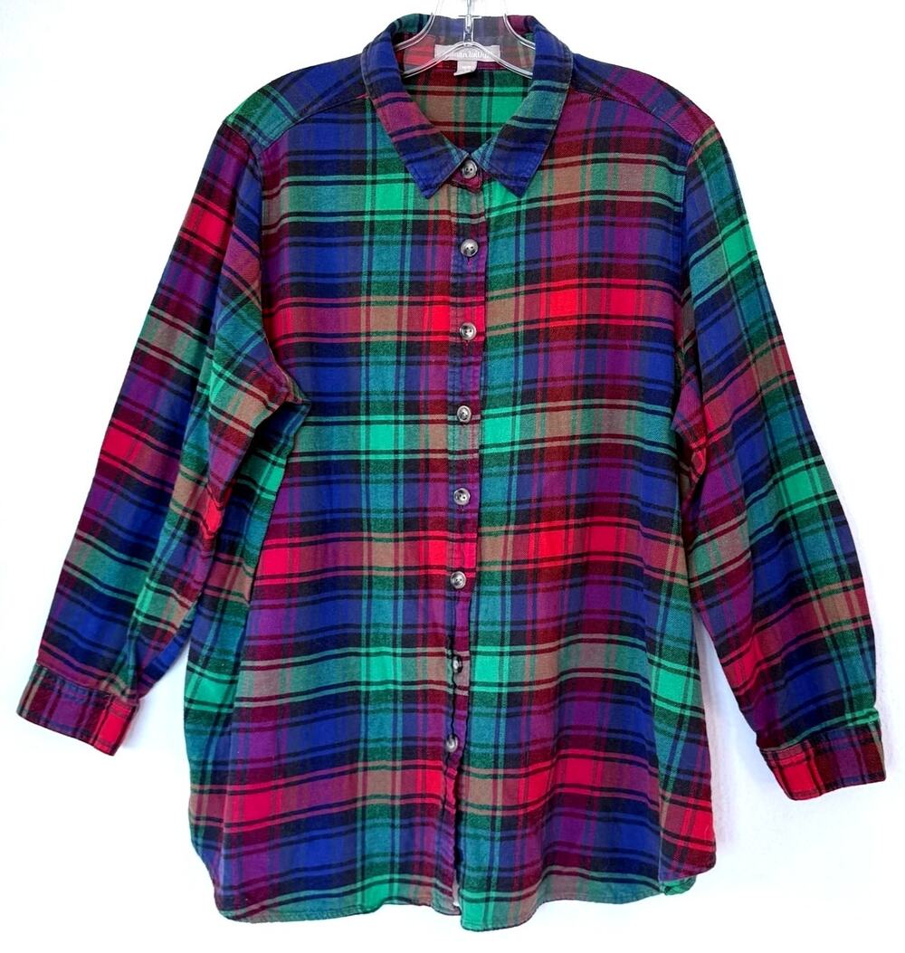 Plaid Button Down Flannel Shirt 100% Cotton Women Size Large 18-20